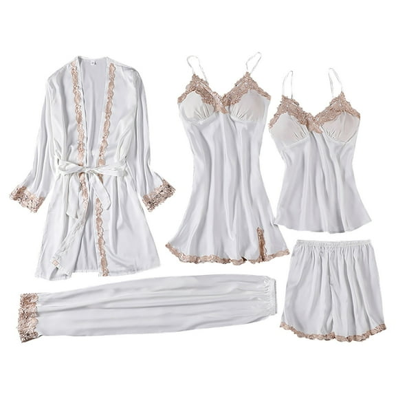 yunLCZ Nightgowns for Women Ladies Satin Pajamas Set 5 Piece Pajamas Silk Like Lace Paneled Sexy Pajamas Sleepdress