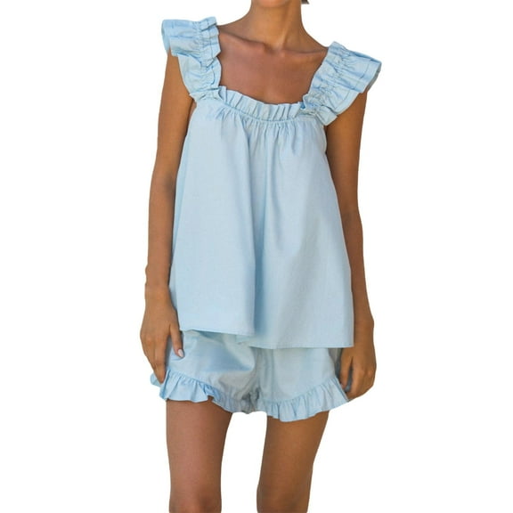 yunLCZ Nightgowns for Women Women 2 Shorts Set Ruffle Strap Tank Top Elastic Waist Wide Leg Shorts Pajama Set Nightshirt
