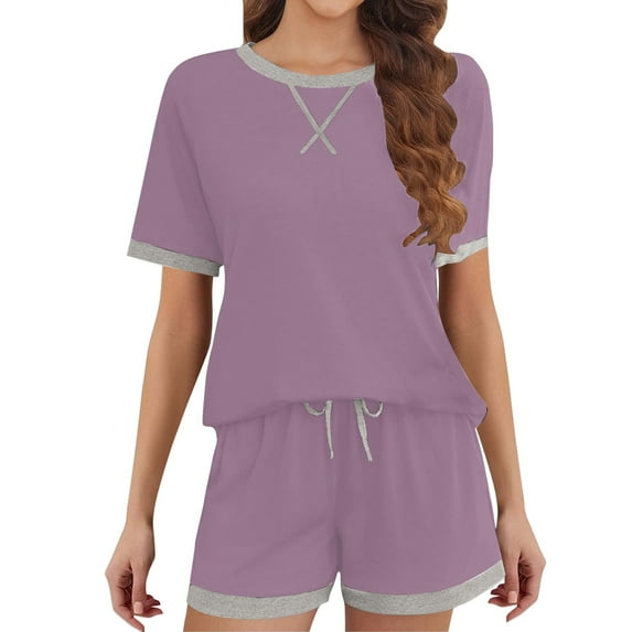 yunLCZ Nightgowns for Women Women Short Sleeve Sets Crewneck Striped Tops And Shorts 2 Piece Sets With Pockets Nightshirt