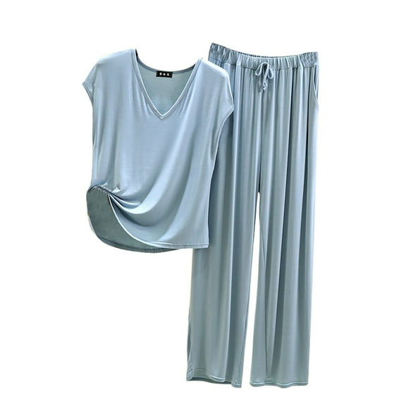 yunLCZ Nightgowns for Women Women's Pajama Set 2 Matching Set Short Sleeve Top And Pants Set With Pockets Sleepdress