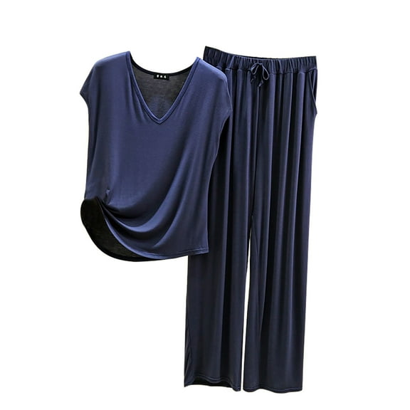 yunLCZ Nightgowns for Women Women's Pajama Set 2 Matching Set Short Sleeve Top And Pants Set With Pockets Sleepwear