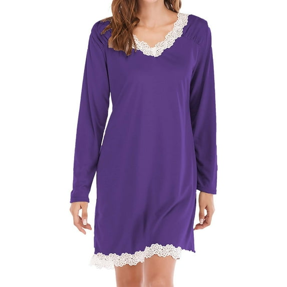 yunLCZ Nightgowns for Women Womens Long Sleeve Nightgowns V Neck Sleepshirts Lace Nightshirts Casual T Shirt Sleep Dress With Nightdress for women