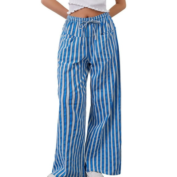 yunLCZ Pants Plus Size for Women Women Casual Drawstring Elastic Waist Loose Wide Leg Striped Pants With Pockets Casual Lounge Sweatpants