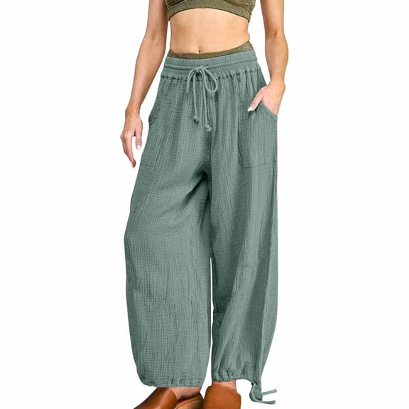 yunLCZ Pants Plus Size for Women Women's Solid Color Fashionable Casual Loose Drawstring Pocket Wide Leg Pants Work Clothes for Office