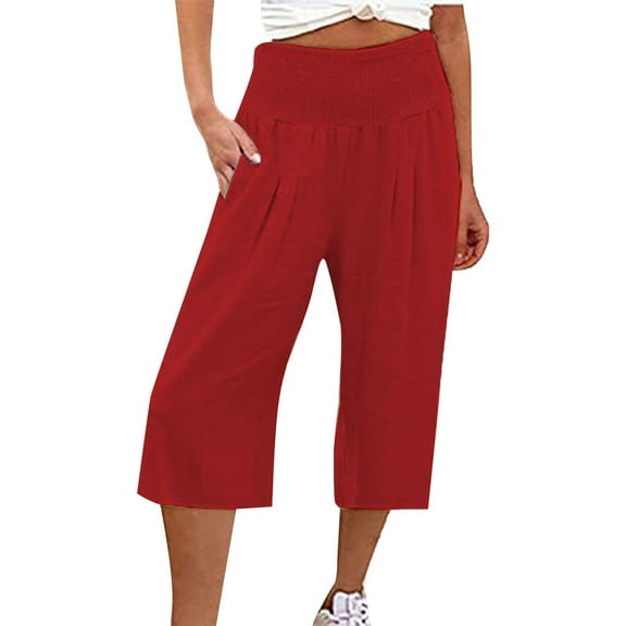 yunLCZ Pants for Women High Waisted Women's Fashionable Cotton And Linen Solid Color Elastic Waist Three Quarter High Waist Casual Pants And Sports Pants