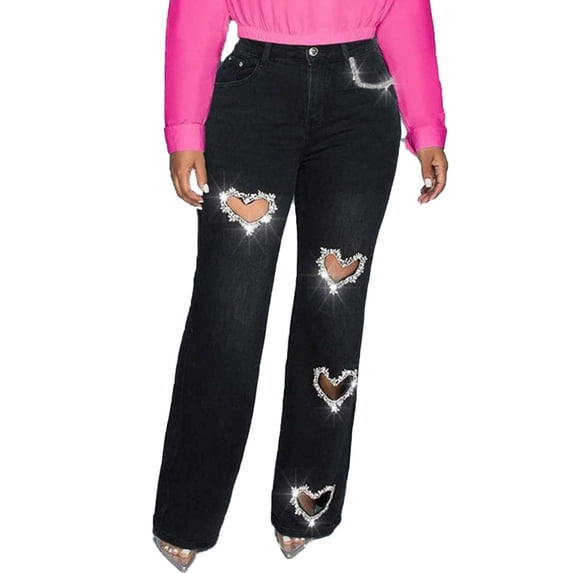 yunLCZ Pants for Women High Waisted Heart Cutout Jeans For Women High Waist Straight Leg Baggy Denim Pants Womens Jeans Trendy