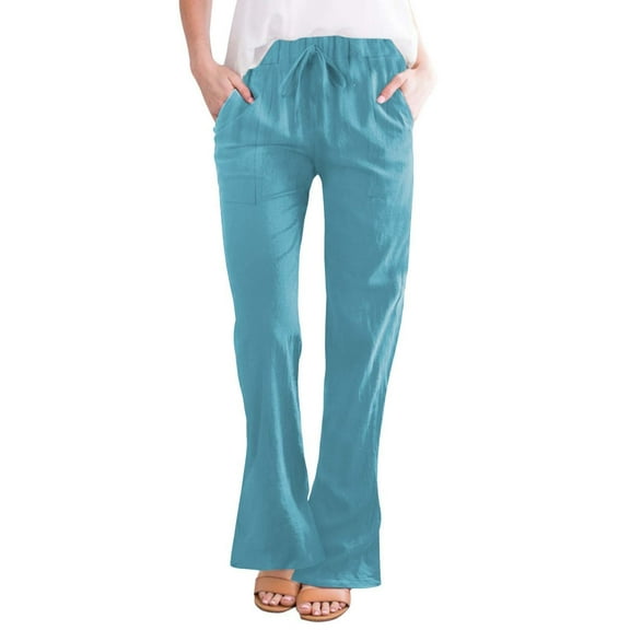 yunLCZ Pants for Women High Waisted Women's Fashionable Casual Cotton And Linen Pocket Waist Slim Bell Bottom Trousers
