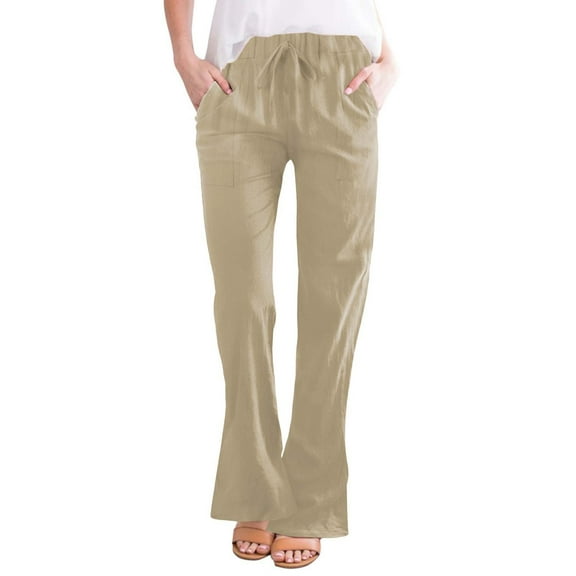 yunLCZ Pants for Women High Waisted Women's Fashionable Casual Cotton And Linen Pocket Waist Slim Bell Bottom Trousers