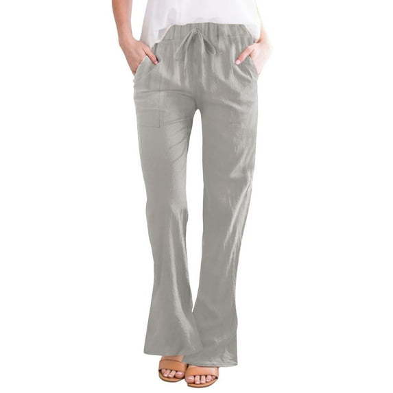 yunLCZ Pants for Women High Waisted Women's Fashionable Casual Cotton And Linen Pocket Waist Slim Bell Bottom Trousers