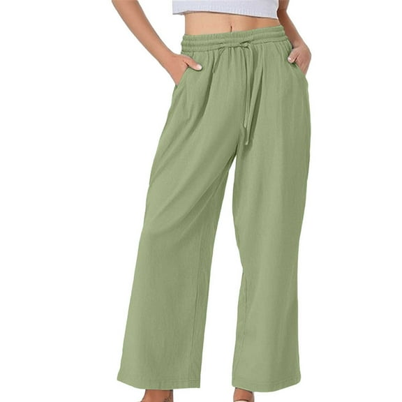 yunLCZ Pants for Women High Waisted Women's Pure Cotton And Linen Wide Leg Pants Casual Baggy Elastic Waistband With Pockets Fashionable Pants
