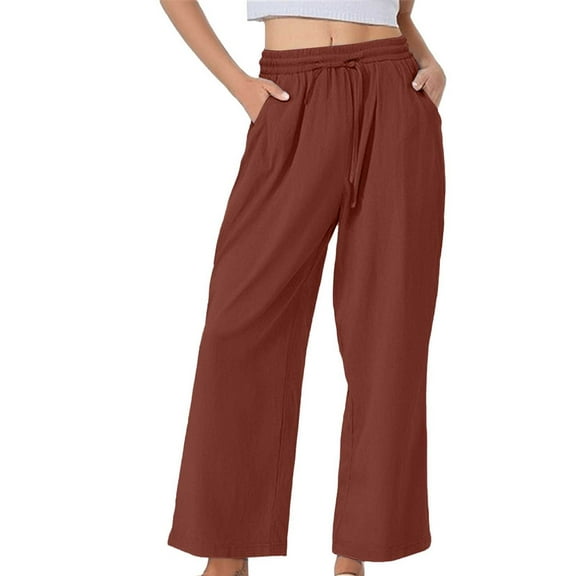 yunLCZ Pants for Women High Waisted Women's Pure Cotton And Linen Wide Leg Pants Casual Baggy Elastic Waistband With Pockets Fashionable Pants