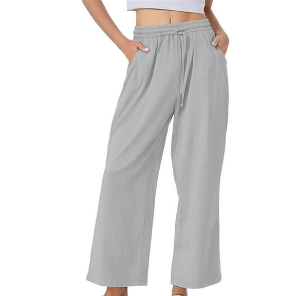 yunLCZ Pants for Women High Waisted Women's Pure Cotton And Linen Wide Leg Pants Casual Baggy Elastic Waistband With Pockets Fashionable Pants