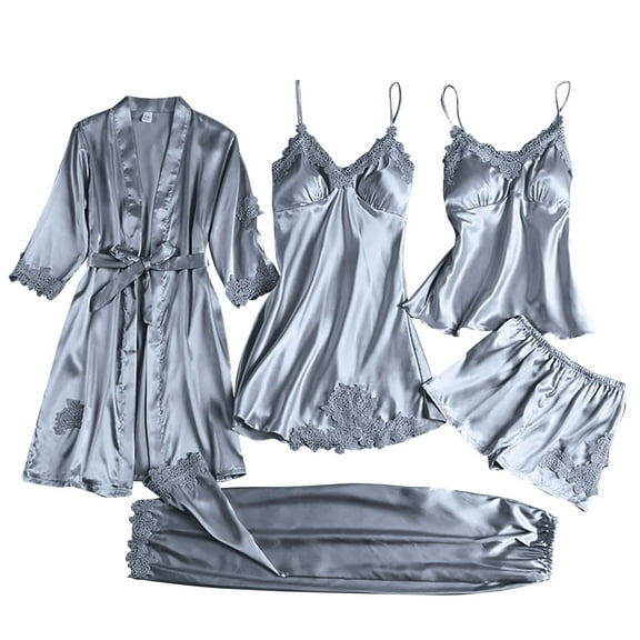 yunLCZ Silk Pajamas for Men Ladies Satin Pajamas Set 5 Piece Pajamas Silk Like Lace Paneled Sexy Pajamas Nightdress for women