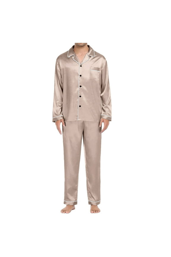 yunLCZ Silk Pajamas for Men Men's Casual Pyjamas Long Sleeve Blouse Button Silk Satin Two Piece Sleepwear Suit Pant Pyjama