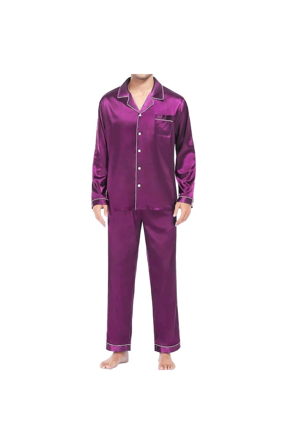 yunLCZ Silk Pajamas for Men Men's Casual Pyjamas Long Sleeve Blouse Button Silk Satin Two Piece Sleepwear Suit Pant Pyjama
