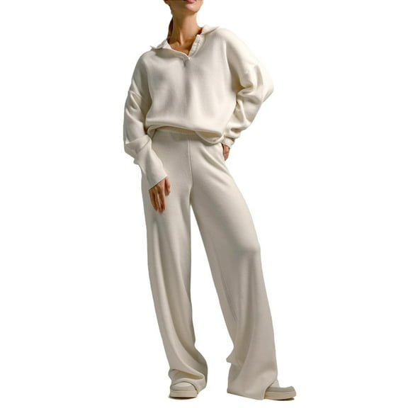 yunLCZ Silk Pajamas for Men Women's Knitted Suit Autumn And Winter Sweater Suit Collar Knitted Pullover Wide Leg Trousers Two Set Pajama Dress