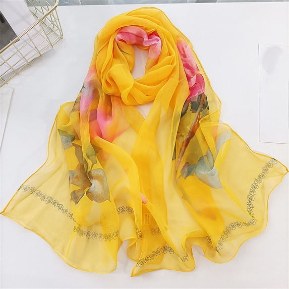 yunLCZ Silk Scarf for Women Scarfs for Women Lightweight Fashion Scarves Print Floral Pattern Scarf Shawl Wraps Evening Wedding Bridesmaid Gifts Chiffon Yellow One Size