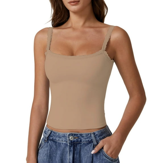 yunLCZ Square Neck Tank Top Lace Top Double Lined Sexy Tank Top Spaghetti Strap Club Shirt Square Neck Sexy Vest Summer Sleeveless Tops