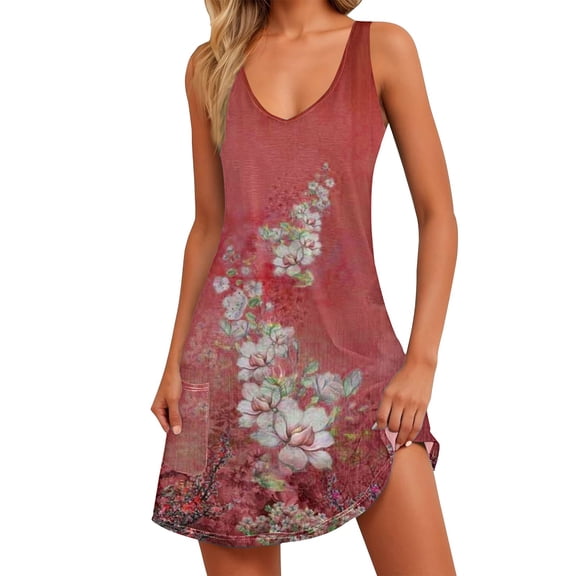 yunLCZ Square Neck Tank Top Women's Summer Dresses 2025 Beach Casual Sleeveless Floral Print Boho Tank Dress V Neck Loose With Pockets Summer Sleeveless Tops
