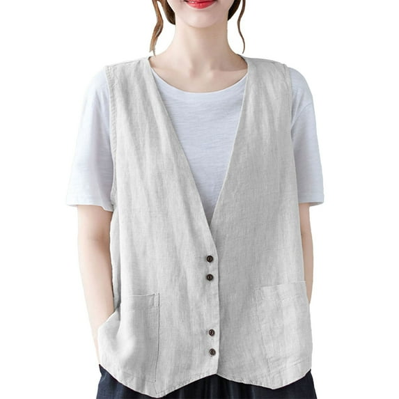 yunLCZ Square Neck Tank Top Womens Cotton Linen Vest Casual Loose V Neck Sleeveless Vests With Pockets Summer Sleeveless Tops