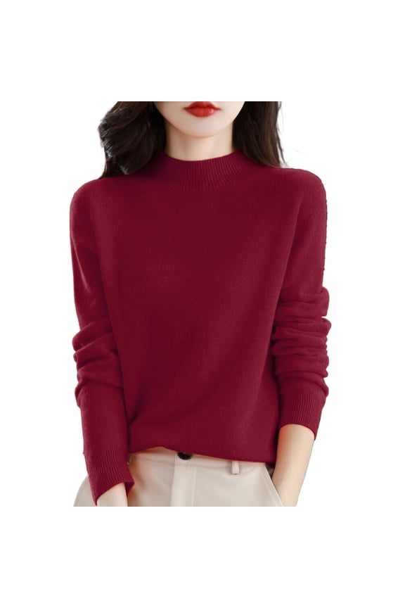 Sweatshirt Women's 100% Merino Wool Seamless Sweater Mock Neck First-Line Ready to Wear Long Sleeve Knitted Pullover Tops polyester Wine XXXL