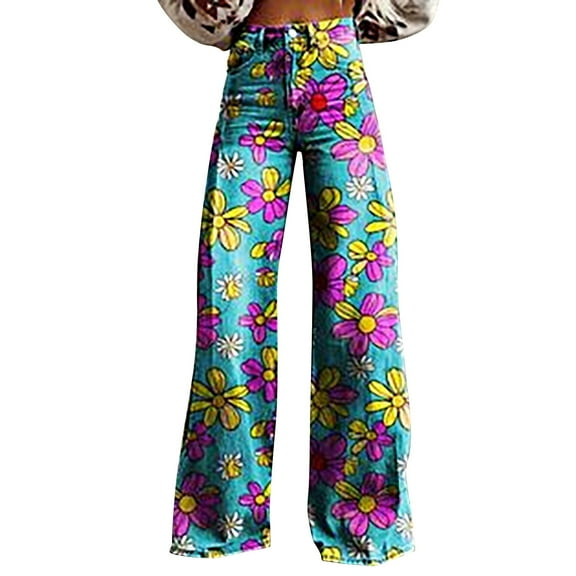 yunLCZ Wide Leg Pants Woman 2025 New Summer Flower Wide Leg Pants Lightweight And Loose Casual Colorful Pants Imitation Jeans Office Slacks