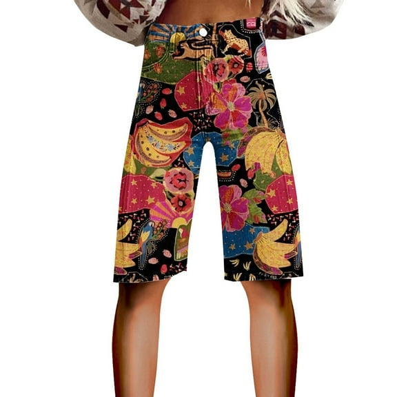 yunLCZ Wide Leg Pants Woman Flare Denim Shorts For Women Wide Leg Denim Shorts Woman Vintage Floral Print High Waisted Straight Stretch Pants With Pockets Office Slacks