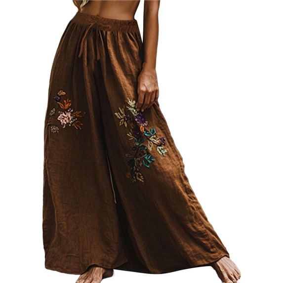 yunLCZ Wide Leg Pants Woman Holiday Style Retro Linen Floral Ethnic Print Casual Pants For Women – Comfortable Relaxed Fit Perfect For Summer Beach And Vacation Wear Business Work Casual Pants