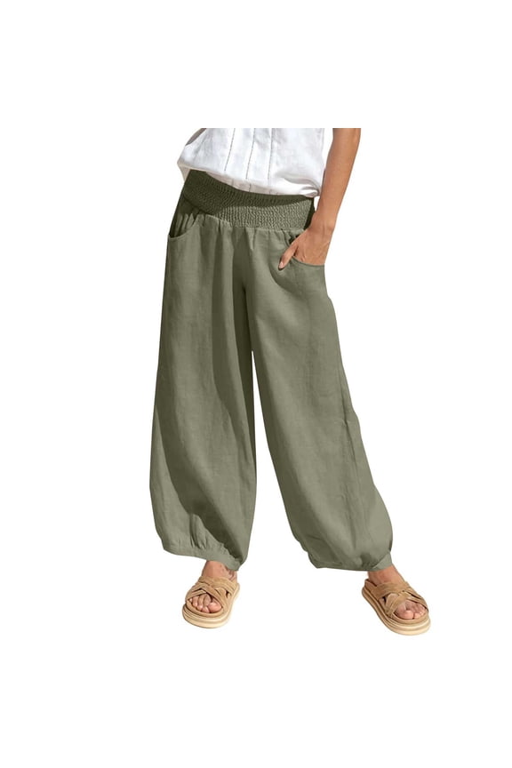 Wide Leg Pants Woman Linen Summer Pants Lightweight Fabric Pants For Women Casual Pants Beach Pants Plain Comfortable Harem Muslim Pants With Wide Legs.