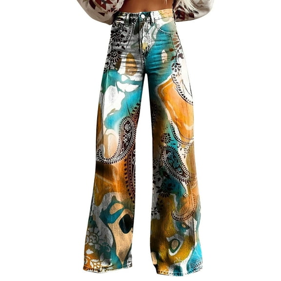 yunLCZ Wide Leg Pants Woman Wide Leg Pants Woman High Waist Floral Patterned Pants Lightweight Loose Fit Casual Colorful Trouser Imitation Jeans Office Slacks