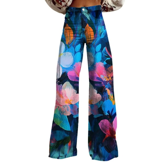yunLCZ Wide Leg Pants Woman Wide Leg Pants Woman High Waist Floral Patterned Pants Lightweight Loose Fit Casual Colorful Trouser Imitation Jeans