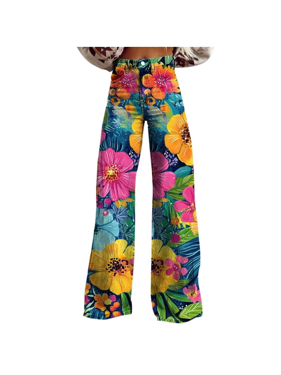 Wide Leg Pants Woman Wide Leg Pants Woman High Waist Floral Patterned Pants Lightweight Loose Fit Casual Colorful Trouser Imitation Jeans