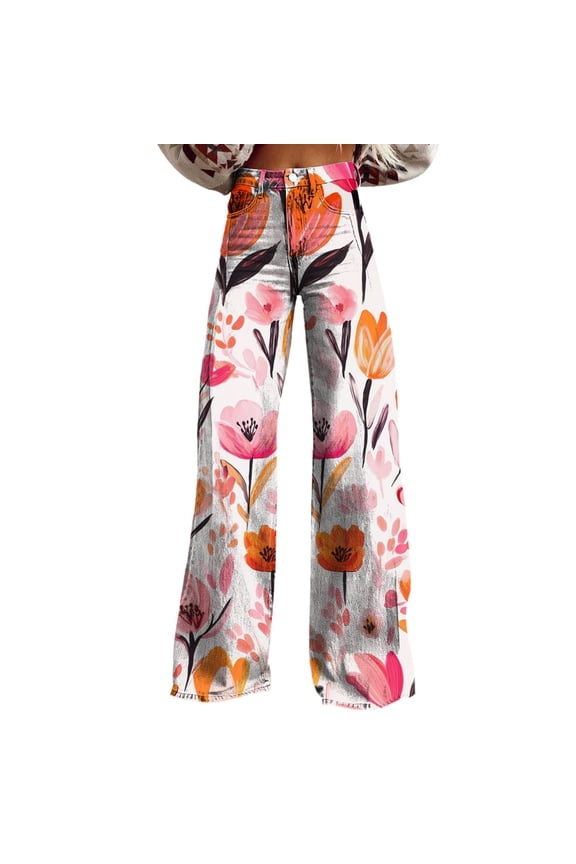 Wide Leg Pants Woman Wide Leg Pants Woman High Waist Floral Patterned Pants Lightweight Loose Fit Casual Colorful Trouser Imitation Jeans