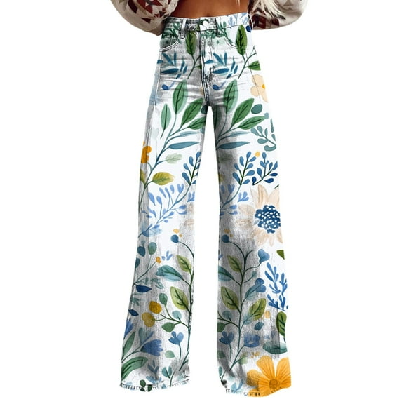 yunLCZ Wide Leg Pants Woman Wide Leg Pants Woman High Waist Floral Patterned Pants Lightweight Loose Fit Casual Colorful Trouser Imitation Jeans