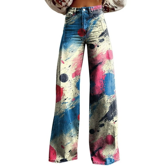 yunLCZ Wide Leg Pants Woman Wide Leg Pants Women's High Waisted Flower Patterned Pants Lightweight And Loose Casual Colorful Pants Heavyweight Pants Business Work Casual Pants