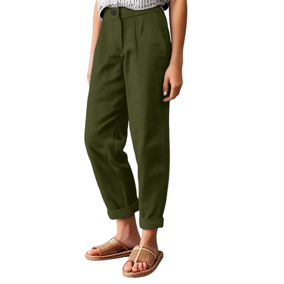 yunLCZ Wide Leg Pants Woman Women's Cotton And Linen Loose Solid Color Elastic Waist Pocket Zipper Straight Leg Casual Pants