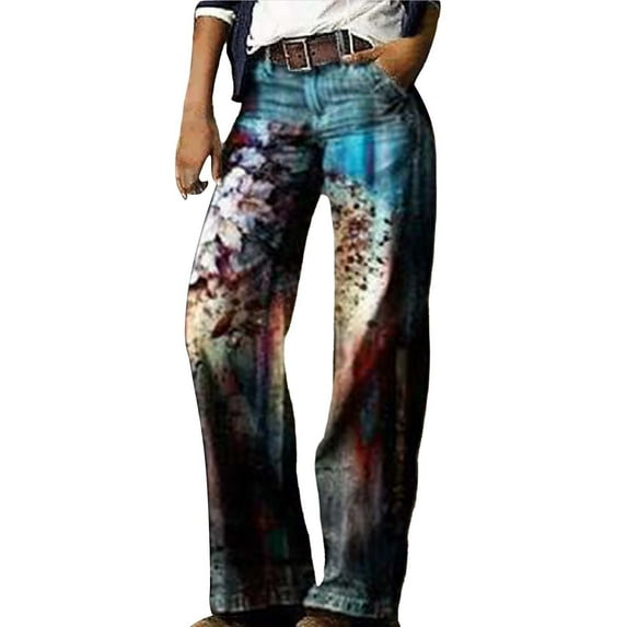 yunLCZ Wide Leg Pants Woman Women's Flare Wide Leg High Waisted Casual Vintage Floral Print Pants Casual Colorful Trouser Business Work Casual Pants