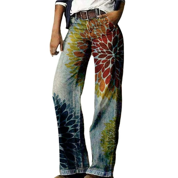 yunLCZ Wide Leg Pants Woman Women's Flare Wide Leg High Waisted Casual Vintage Floral Print Pants Casual Colorful Trouser Business Work Casual Pants