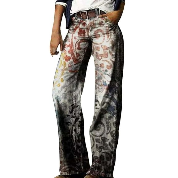 yunLCZ Wide Leg Pants Woman Women's Flare Wide Leg High Waisted Casual Vintage Floral Print Pants Casual Colorful Trouser Office Slacks