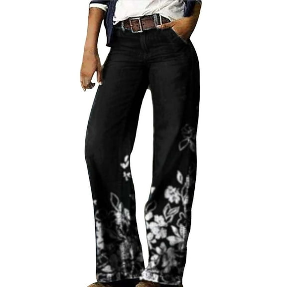 yunLCZ Wide Leg Pants Woman Women's Flare Wide Leg High Waisted Casual Vintage Floral Print Pants Casual Colorful Trouser Office Slacks