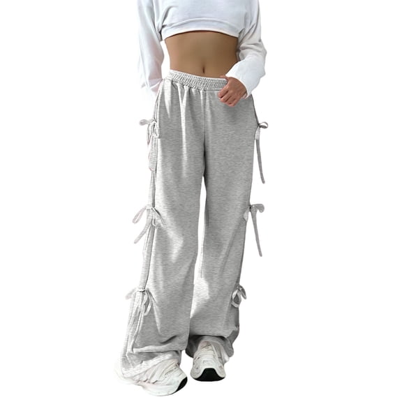 yunLCZ Wide Leg Pants Woman Women's Jogging Bottoms With Bow And Wide Leg Elastic Waistband Sweat Baggy Trousers With Pocket Country Trousers For Women