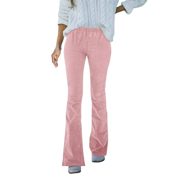 yunLCZ Wide Leg Pants Woman Women's Solid Color High Waisted Slim Fit Flares Corduroy Elasticated Waist Casual Pants