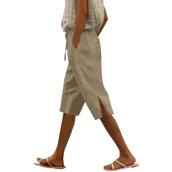 yunLCZ Wide Leg Pants Woman Women's Summer Long Solid Color Cotton And Linen Straight Leg Loose Casual Five Quarter Pants (leg Slit) Office Slacks