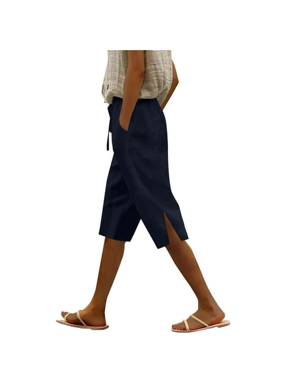 yunLCZ Wide Leg Pants Woman Women's Summer Long Solid Color Cotton And Linen Straight Leg Loose Casual Five Quarter Pants (leg Slit) Business Work Casual Pants