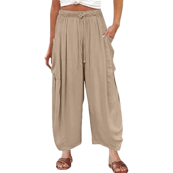 yunLCZ Wide Leg Pants Woman Womens Elastic Waisted Pleated High Waisted Wide Leg Pants Loose Casual Cotton And Linen Cropped Pants Beach Casual Pants
