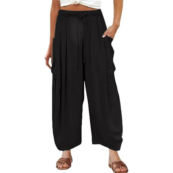 yunLCZ Wide Leg Pants Woman Womens Elastic Waisted Pleated High Waisted Wide Leg Pants Loose Casual Cotton And Linen Cropped Pants Beach Casual Pants