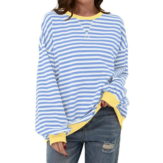yunLCZ Women Blouses Women Oversized Striped Color Block Long Sleeve Crew Neck Sweatshirt Casual Loose Pullover Y2K Shirt Top Polyester,Spandex Light Blue L