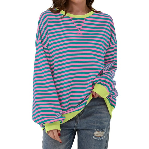 yunLCZ Women Blouses Women Oversized Striped Color Block Long Sleeve Crew Neck Sweatshirt Casual Loose Pullover Y2K Shirt Top Polyester,Spandex Pink S