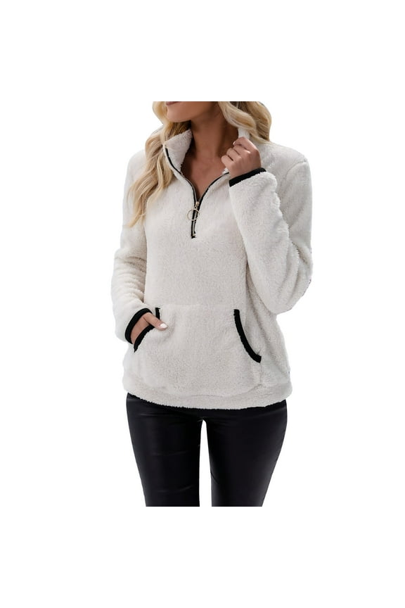 Women Blouses Women's 2025 Winter Lapel Fuzzy Fleece Sweatshirt Faux Shearling Zipper Warm Sherpa Pullover Outwear With Pockets Polyester White L