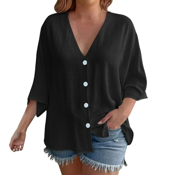 yunLCZ Women Shirts 3/4 Sleeve Blouses For Womens 2025 Summer V Neck Button Shirts Casual Plus Size Beach Tunic Tops Women's Cap Sleeve Tank Tops Black XXXL